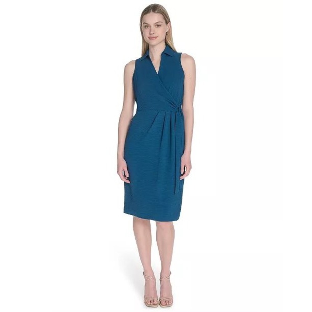 Calvin Klein Women Teal Sleeveless Faux Wrap Tie Waist Collared Dress Size 2